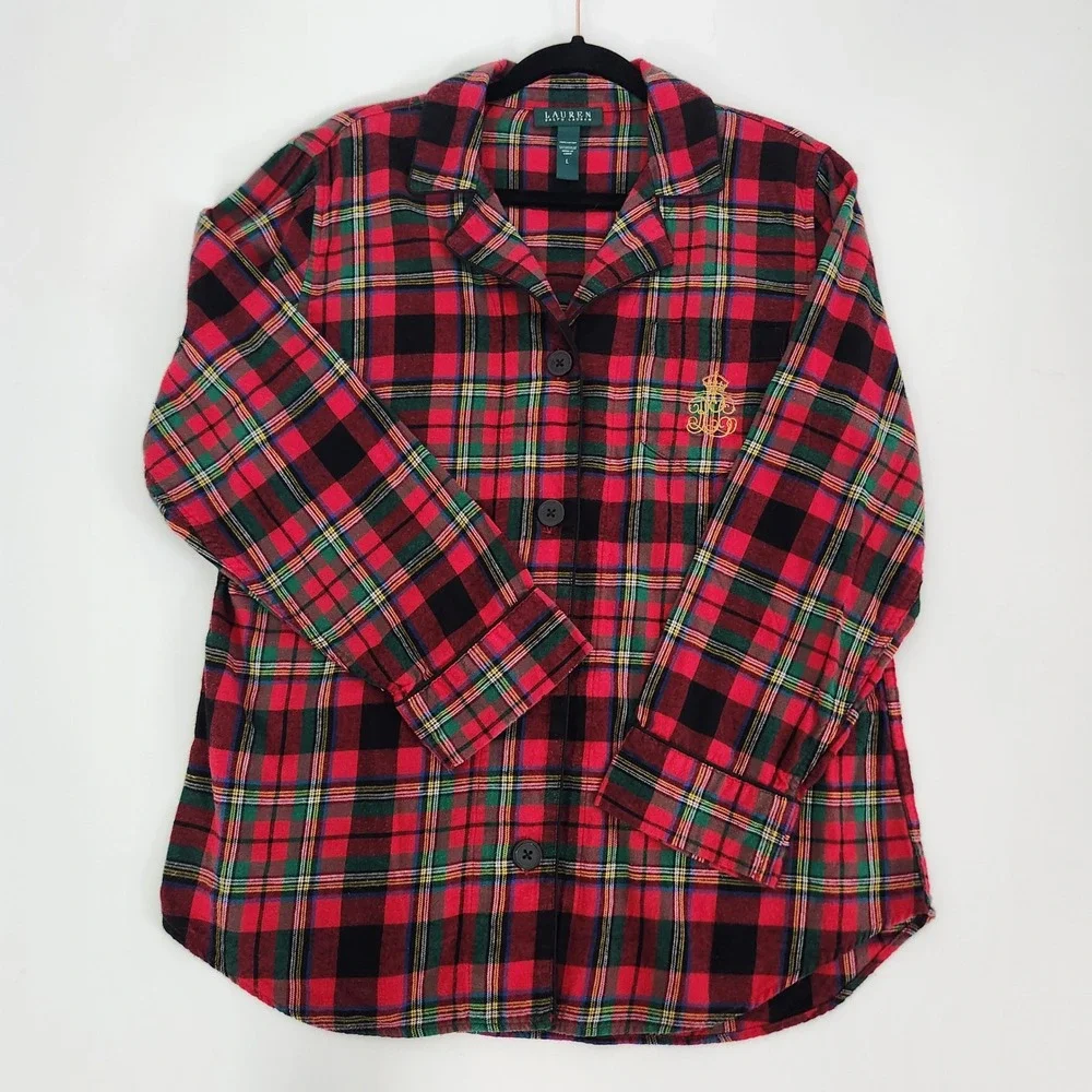 Lauren Ralph Lauren Womens Red Tartan Plaid Cotton Flannel Pajama Top size Large